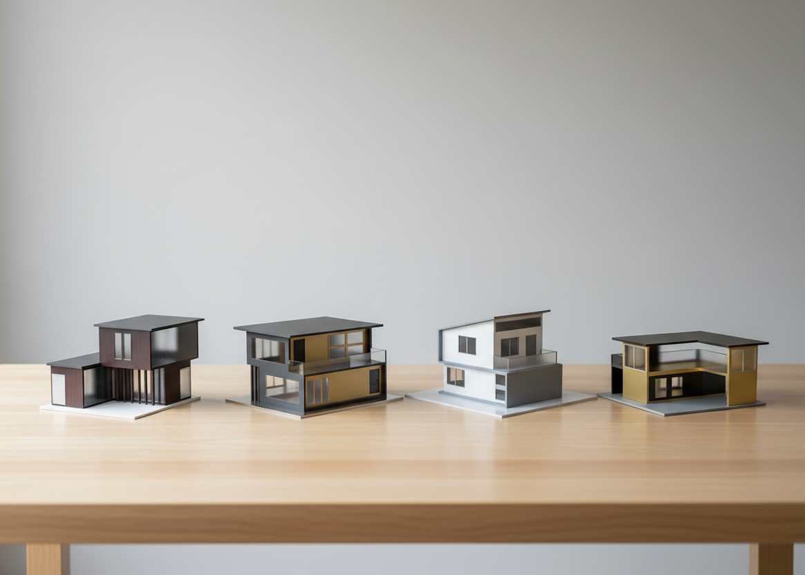 Four House Models on Table